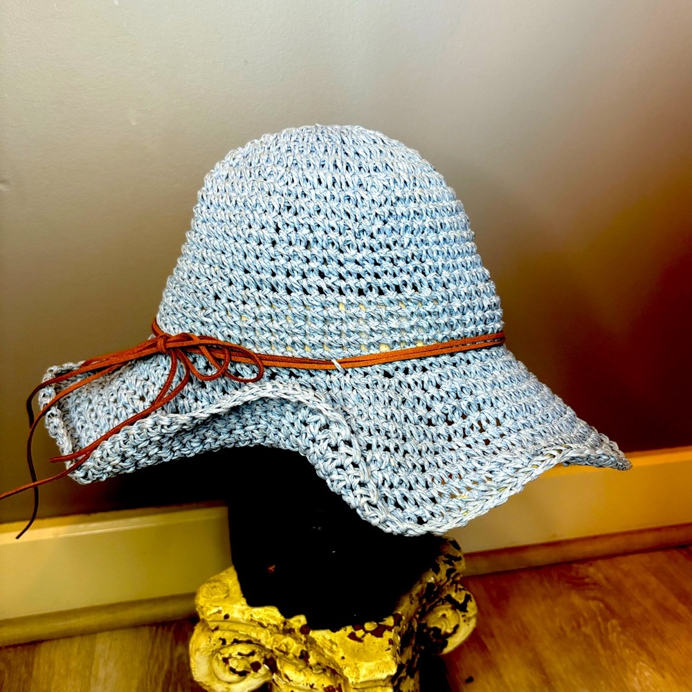 Blue Hat Loose Weave Leather Detail Adjustable Band Floppy Style Shaping Wires